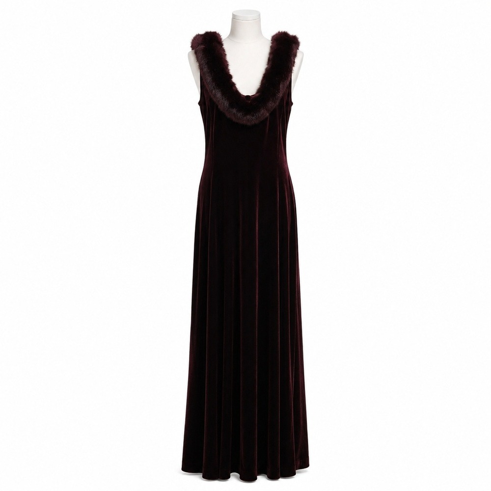 Vintage y2k goth morticia maroon Velvet Maxi Gown Dress Red Faux Fur Maxi Goth